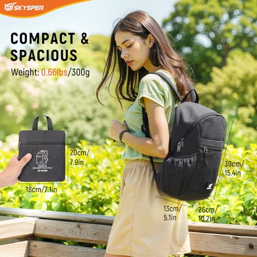 SKYSPER Anti Theft Hiking Backpack, 18L RFID Packable Travel Daypack, Lightweight Foldable Back Pack for Walking Daytrip - color: Black, size: Small