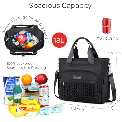 AIJIEKE Large Insulated Lunch Bag for Men Women, Leakproof Work Lunch Box | Keeps food fresh 8-12 hours. Spacious multi-pocket design with a removable strap. Water-resistant and easy-wipe interior - color: A.Black
