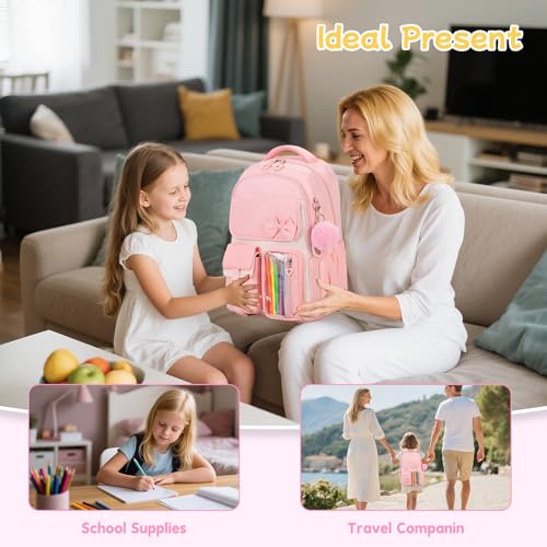 Girls Backpack, School Backpack for Girls, Cute Bow Kids Bookbag for Grils Children Teens for Elementary Middle High School Student, Back To School, Pink 3pcs - color: Pink-3pcs