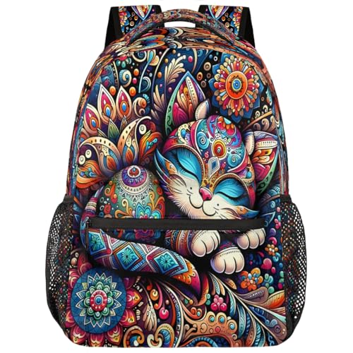 Cat Kids Backpack for Girl Boy Waterproof Kids Back Pack | Ethnic Animal School Bookbag Women Men Lightweight Rucksack Casual Daypack Carry On Bag for Work Hiking Camping Gym Travel - color: A:color 1