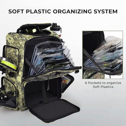 KastKing Bait Boss Fishing Tackle Backpack with Rod Holders-4 Tackle Boxes-Rain Cover,Storage for Fishing Gear - color: D: Dark Green Camouflage