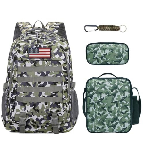 Camo Backpack for Boys 3 in 1 Set, 19 Inch 55L Tactical Bookbag with Lunch Box Pencil Case, Molle System School Backpack for Elementary Middle High School, Outdoor Camping Hiking Travel for Kids Teens - color: Camo Backpack Set 2