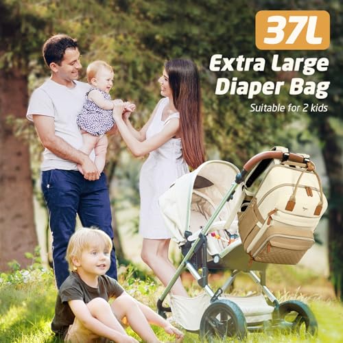 Diaper Bag Backpack - Extra Large Diaper Bag for 2 Kids Twin, Travel Baby Bags for Mom Dad 25-37L Expandable with Changing Pad Earphone Hole, Apricot Beige - color: Beige & Apricot