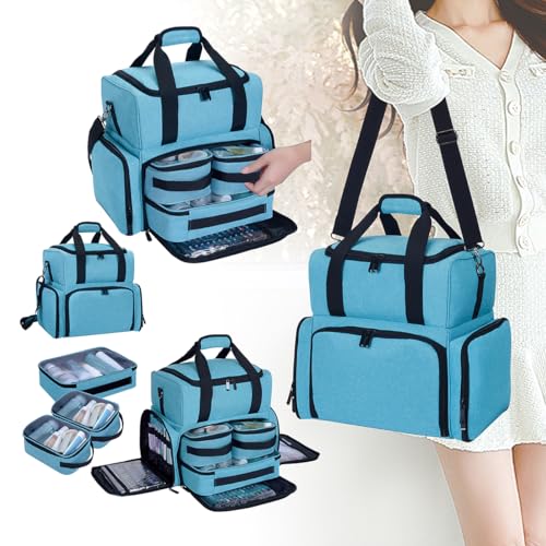 Large Makeup Cosmetic Bag with 3 Removable Case and 2 Removable Dividers Double Layer Travel Storage Organizer, Makeup Brushes Storage Section Lake Green - color: Lake Green