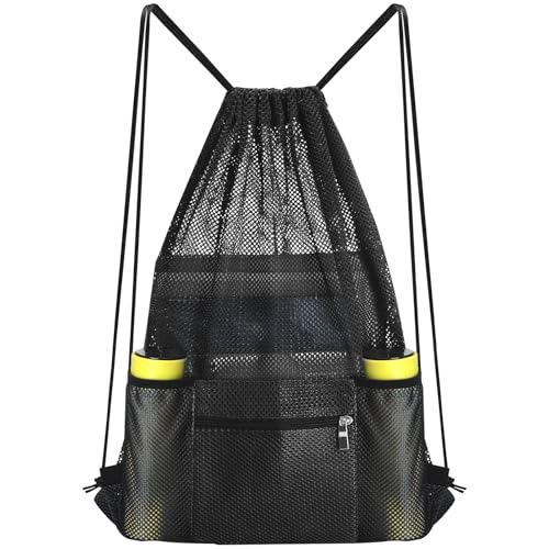 NATURAL STYLE Mesh Drawstring Backpack Bag, Gym Sports Bag with Zipper Pocket Bottle Holder, String Beach Bag for Swiming Travel (Black) - color: Black