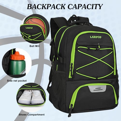 LARIPOP Basketball Backpack Large Basketball Bag with Ball Holder & Shoe Compartment for Adults Men Women - color: Green
