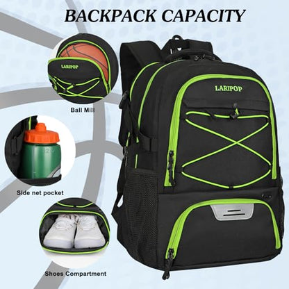 LARIPOP Basketball Backpack Large Basketball Bag with Ball Holder & Shoe Compartment for Adults Men Women - color: Green