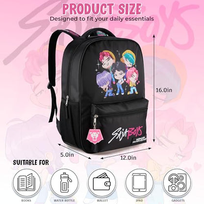 AI ACCESSORY INNOVATIONS K-Pop Demon Hunters Chibi Saja Boys 16” Backpack for Girls, Featuring Jinu, Abby, Mystery, Romance, & Baby, Saja Rubber Molded Bag Charm, Saja Boys - style: Saja Boys