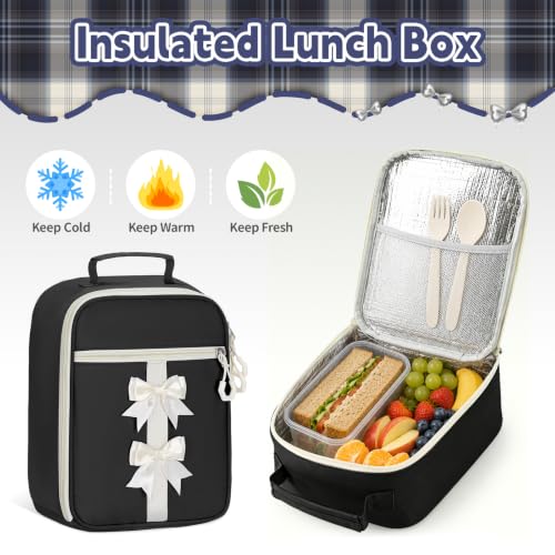 Girls Backpack with Lunch Box Set, 4 PCS Cute Kawaii School Bookbag for Elementary Girls, Black Aesthetic Large Laptop Backpack for Kids & Teens - color: Black