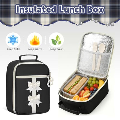 Girls Backpack with Lunch Box Set, 4 PCS Cute Kawaii School Bookbag for Elementary Girls, Black Aesthetic Large Laptop Backpack for Kids & Teens - color: Black