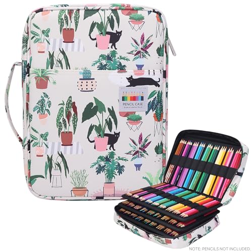 JAKAGO 220 Slots Colored Pencil Case Large Capacity Pen Holder for Artist Painter Zipper Organizer Bag for Marker Highlighter Storage Case for Office Sketch Travel Supplies (Green Plant Cat) - color: Green Plant Cat