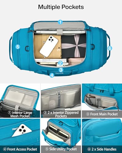 Hanke Gym Bag for Men Women, Expandable 45L-55L Large Capacity Travel Duffle Bag, 3-in-1 Weekender Backpack with Shoe Compartment & Wet Pocket, Durable Water-Resistant, Caribbean Blue - color: Caribbean Blue
