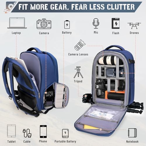 RAINSMORE Camera Backpack Hard Shell for DSLR/SLR Waterproof Camera Bag with Laptop Compartment 15.6 Inch Professional Camera Case with Rain Cover Photography Backpack Bag with Camera Lens Case Blue - color: Blue