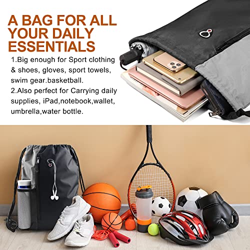 BeeGreem Grey Sport Bag Drawstring Backpack String Bag For Men Women Gym Backpack With Water Bottle Mesh Pockets And Two Zipper Pockets 16" x 20" - color: Black/Grey, style: Drawstring With Mesh Pocket