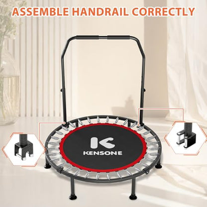 K KENSONE 40" Mini Flodable Spring Rebounder Trampoline for Adults, Small Exercise Trampoline for Indoor Workout and Fitness, Purple Resistance Band Included, Max Load 330 LBS - size: 40"(Purple Resistance Band), style: With Bar