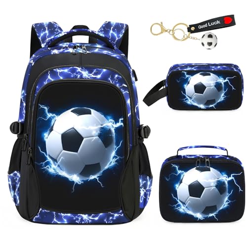 School Backpack for Boys - 4pcs Soccer Boys Backpack with Lunch Box Set for Kids Teens Elementary Middle School, 18" Large Capacity Waterproof Bookbag with Usb Charging Port,Daypack for age 6-18 - color: Soccer-backpack Set