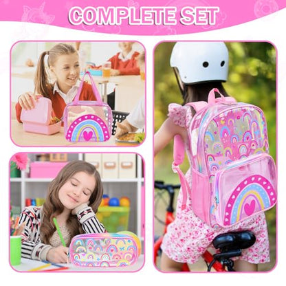 SHPMXUPW 3-Piece Clear PVC School Backpack for Boys and Girls, 17″ Kids Transparent Pink Backpack Set with Lunch Bag & Pencil Case–Adjustable Straps, Side Mesh Pocket & Sturdy Handle (Pink-Rainbow) - color: Pink-Rainbow
