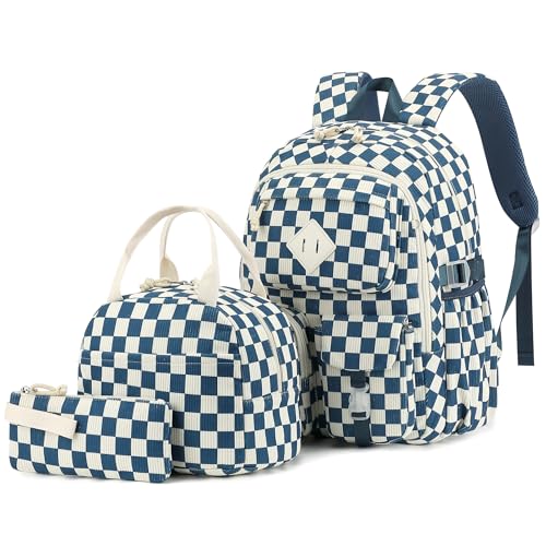 3Pcs Corduroy School Backpack for Girls, Kids Teens Large Capacity School Bag Bookbags Set Casual Daypack Fits 15.6 inch Laptop with Lunch Box and Pencil Case (Corduroy Checkered Navy Blue) - color: Corduroy Checkered Navy Blue