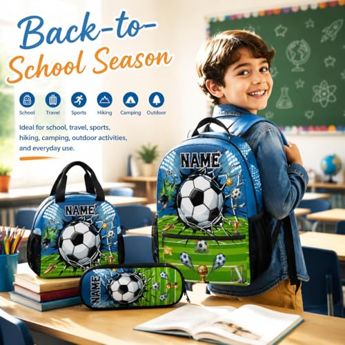 Personalized Kids Backpack for Boys Soccer School Bag Set - 17 Inch Custom Elementary Middle School Sports Themed Bookbag with Lunch Box and Pencil Case - color: Green