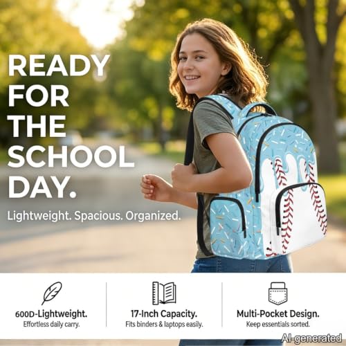 Suobstales Aqua Blue Baseball Ice Cream Drip Print Backpack for Kids Girls Boys Large Capacity Casual Daypack with Adjustable Strap Lightweight Rucksack Bookbag Back to School Gifts for Teens Child - color: Aqua Blue Baseball Ice Cream Drip