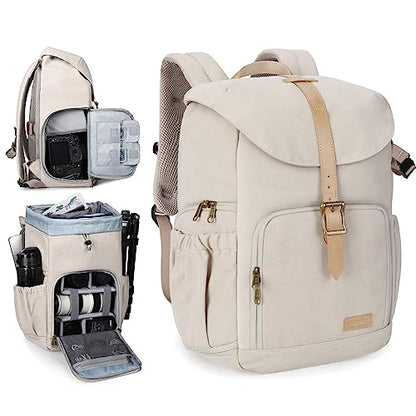 BAGSMART Camera Backpack, DSLR Camera Bag Backpacks for Photographers, Waterproof Anti-Theft Photography Backpack with 15 Inch Laptop Compartment & Tripod Holder, Ivory White - color: A-ivory White[single Buckle]