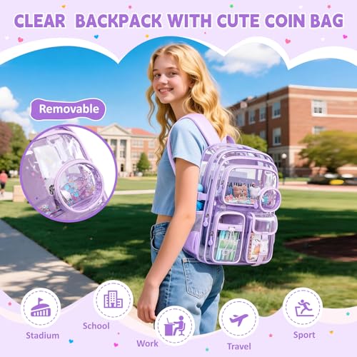 Clear Backpacks for Stadium Events Heavy Duty Clear Bookbag for School Girls Transparent Back Pack, Purple - color: Purple