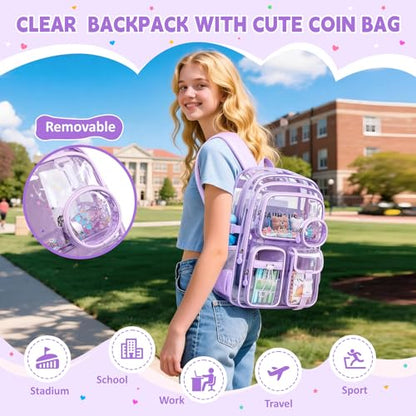 Clear Backpacks for Stadium Events Heavy Duty Clear Bookbag for School Girls Transparent Back Pack, Purple - color: Purple