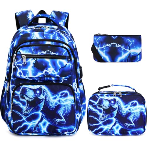 Bevalsa Backpack for Boys, Lightning School Bags with Lunch Bag & Pen Case for Kids, Bookbag for Boys Teens Elementary Middle High School - color: Blue Dinosaur