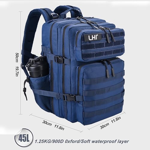 LHI Military Tactical Backpack for Men and Women 45L Army 3 Days Assault Pack Bag Large Rucksack with Shoe Compartment - Black and White - color: 1.21 Shoe Compartment（blue）