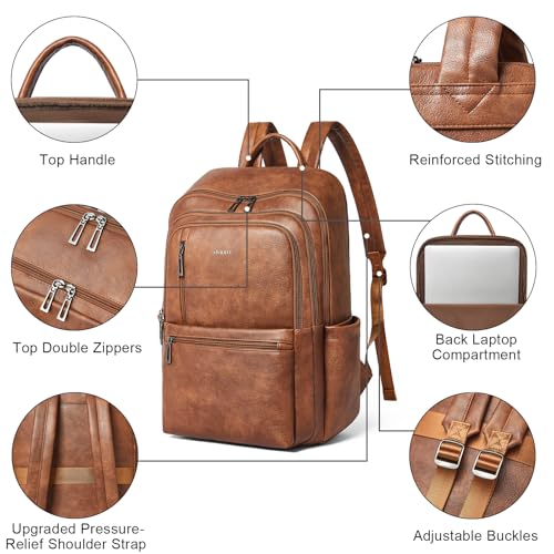 Shrrie 17 inch Leather Laptop Backpack for Women, Large Travel Backpack with 6 Compartments, Vegan Leather Computer backpack purse for WORK Casual Daypack College - color: Brown