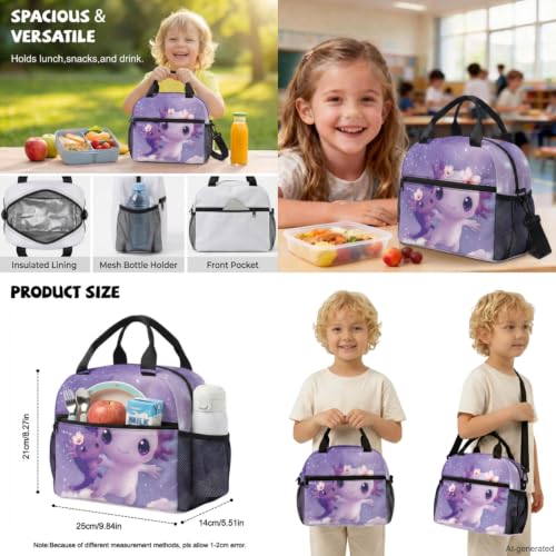 ZDCUSTOM Girls Backpacks with Lunch Box, Purple School Backpack for 1st Grade Kids Axolotl Bookbag with Pencil Case Water Bottle Holder Keychain, Back to School Gear for Girls Age 6-8 - color: Purple Axolotl