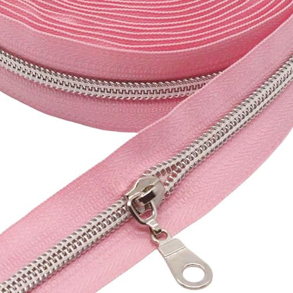 MebuZip #5 Silver Metallic Nylon Coil Zippers by The Yard Bulk Coil Zipper Roll 10 Yards with 25pcs Pulls for DIY Sewing Craft Bags (Pink) - color: Silver Pink