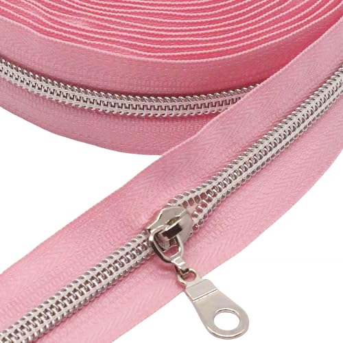 MebuZip #5 Silver Metallic Nylon Coil Zippers by The Yard Bulk Coil Zipper Roll 10 Yards with 25pcs Pulls for DIY Sewing Craft Bags (Pink) - color: Silver Pink