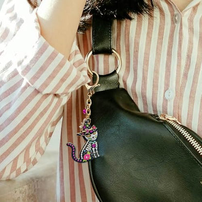 Madison Tyler Western Cowboy Boots Cherry Bow Bubble Tea Strawberry Cute Keychain | Bag Charms for Handbags Purse Charms - color: Halloween Cat