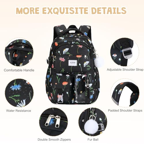 ACESAK Backpack for Girls - Girls Backpack with Lunch Bag & Pencil Pouch for Teen Kids Laptop Backpack for Women, Elementary Middle High School Bookbag Travel Daypack (Black Flower) - color: Black Flower