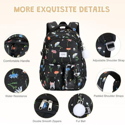 ACESAK Backpack for Girls - Girls Backpack with Lunch Bag & Pencil Pouch for Teen Kids Laptop Backpack for Women, Elementary Middle High School Bookbag Travel Daypack (Black Flower) - color: Black Flower