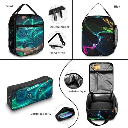 Boys Backpack with Lunch Box and Pencil Case, 3Pcs Gamer Backpack for Boys Teens, 17 Inch Large Capacity - color: GAME-LZWJ-4