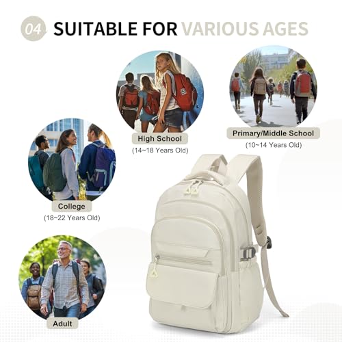 Aesthetic Daypack Backpack, Water-Resistant 15.6" Laptop Backpack for Women and Men, Featuring Touch-Fastener and Anti-Theft Pockets (White) - color: White