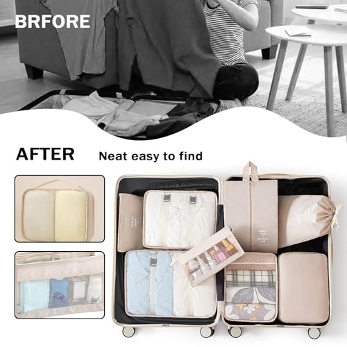 8 Set Packing Cubes for Suitcases, INVODA Travel Luggage Packing Organizers with Laundry Bag, Compression Storage Shoe Bag, Clothing Underwear Bag (Beige) - color: Beige