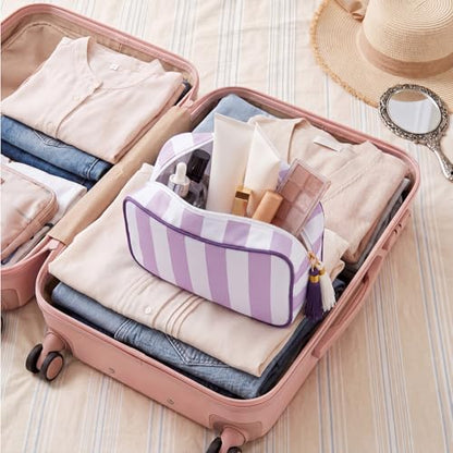 Kacctyen 6 Pack Lavender Purple and White Striped Makeup Bag bulk with Tassel Travel Cosmetic Pouch Organizer Large Zipper Toiletry Case for Women Aesthetic Storage Pouch Mahjong Tile Bag - color: Lavender Purple and White