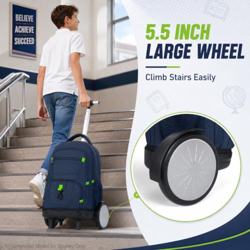 CCJPX 3Pcs Men & Boys Rolling Backpack with Bigger Wheels, Extra-Large Wheeled Bookbag with Lunch Box, Water Resistant Roller Luggage for Travel, Work, College (Blue) - color: Blue(upgrade Large Wheel)