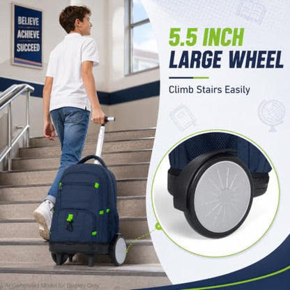 CCJPX 3Pcs Men & Boys Rolling Backpack with Bigger Wheels, Extra-Large Wheeled Bookbag with Lunch Box, Water Resistant Roller Luggage for Travel, Work, College (Blue) - color: Blue(upgrade Large Wheel)