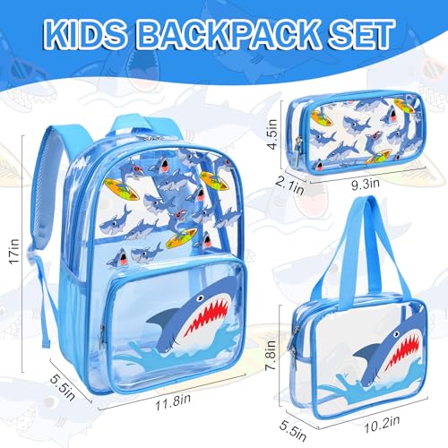 3PCS Clear Blue Backpack for School - Shark Cartoon Kids Clear Backpacks for Boys and Girls, Heavy Duty Transparent Bookbag with Lunch Bag and Pencil Case - See Through PVC Transparent Bookbag - color: Blue-Shark