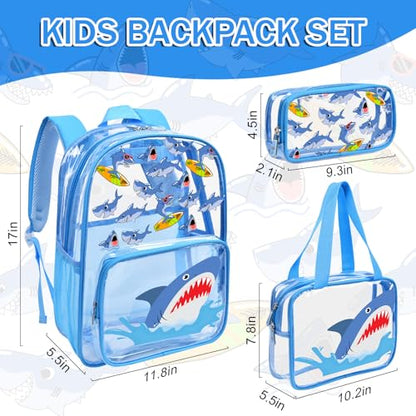 3PCS Clear Blue Backpack for School - Shark Cartoon Kids Clear Backpacks for Boys and Girls, Heavy Duty Transparent Bookbag with Lunch Bag and Pencil Case - See Through PVC Transparent Bookbag - color: Blue-Shark