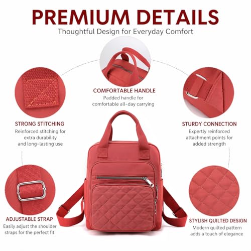 Small Backpack for Women Casual Quilted Square Bag Waterproof Multi Pockets Daypack Lightweight Top Handle Satchel - color: Orange Red