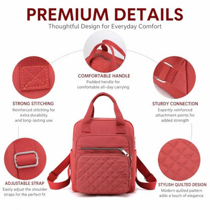Small Backpack for Women Casual Quilted Square Bag Waterproof Multi Pockets Daypack Lightweight Top Handle Satchel - color: Orange Red