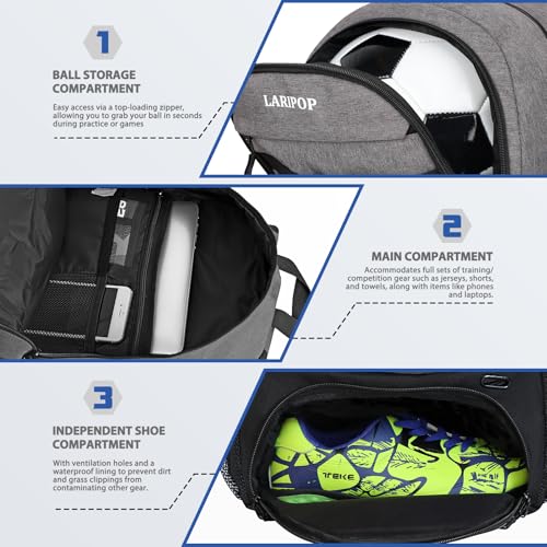 LARIPOP Soccer Backpack with Ball Holder & Shoe Compartment Large Capacity Sports Bag for Training - color: Light gray