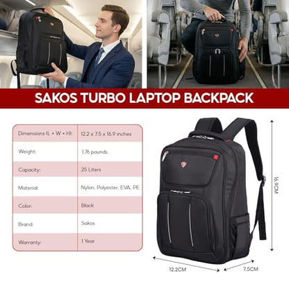 SAKOS Turbo 15.6 inch Laptop Backpack, Professional Travel Backpack Carry on Flight - TSA Approved, Water Repellent Luggage Backpack for Men & Women, College Backpack with Laptop Compartment - Black - color: 3. Turbo - Black