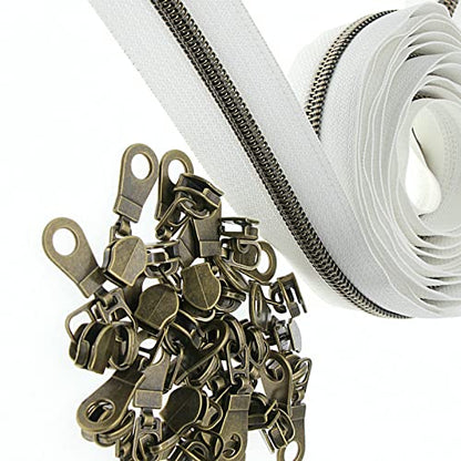 #5 Antique Brass Metallic Nylon Coil Zippers by The Yard, Bulk 10 Yards White Tape with 25PCS Antique Brass Zippers Pulls for DIY, Sewing, Tailor, Craft, Bags YIGUANXIN - color: White-Brass