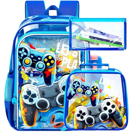 UFNDC 3PCS Clear Backpack for Girls and Boys, Unicorn Cat Transparent Bookbag, See Through School Bag for Kids Elementary - color: Boys Uv Printing Game Clear Backpack Blue